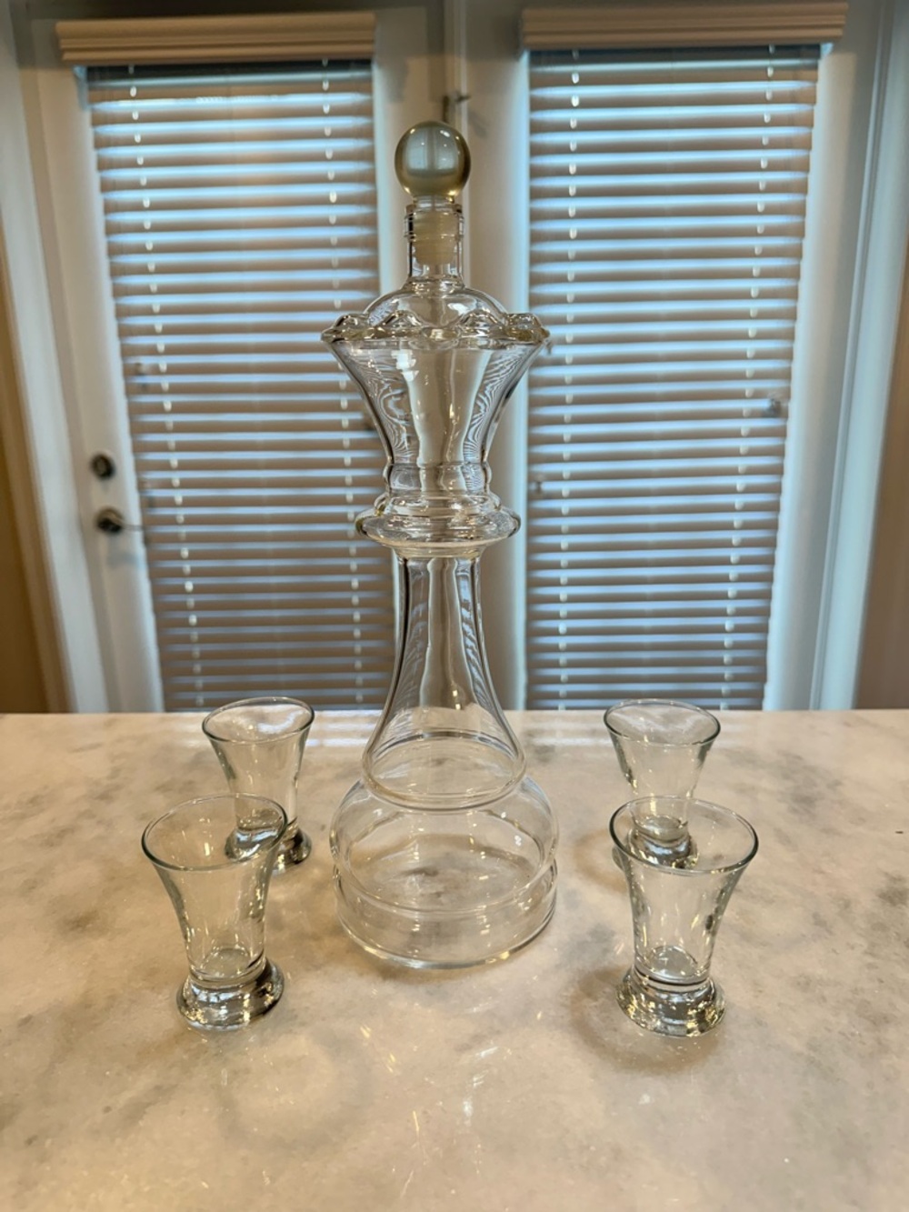 Chess Glass Decanter with four unique Shot Glasses